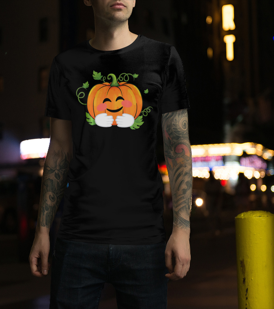 Pumpkin Emoji Big Hugs Smiling Face With Leaves And Vines T-Shirt