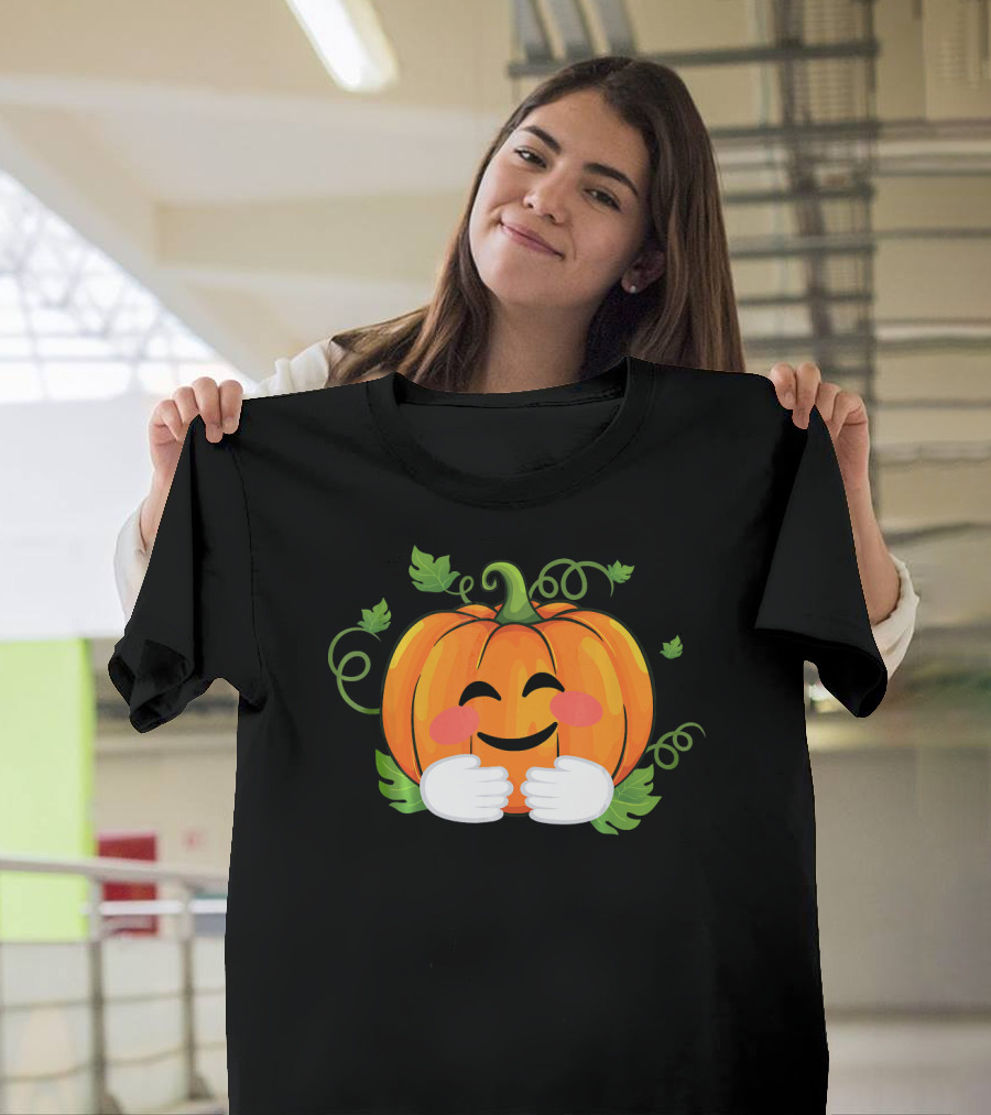 Pumpkin Emoji Big Hugs Smiling Face with Leaves and Vines T-Shirt