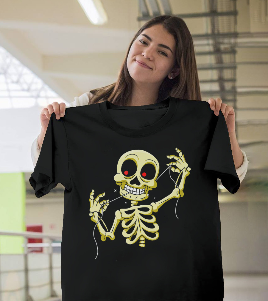 Flossing Skeleton with Red Eyes and Grinning Teeth T-Shirt