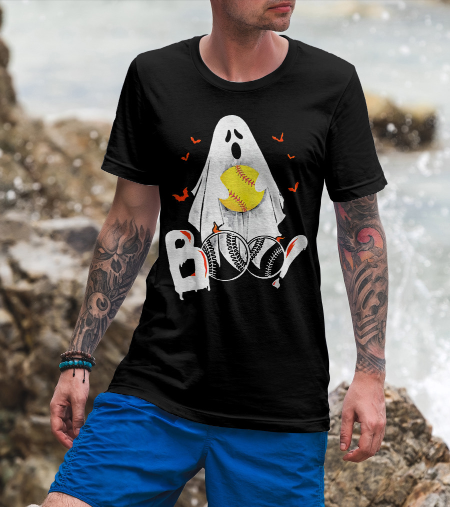 Ghostly Boo Softball With Yellow Softball And Bats T-Shirt