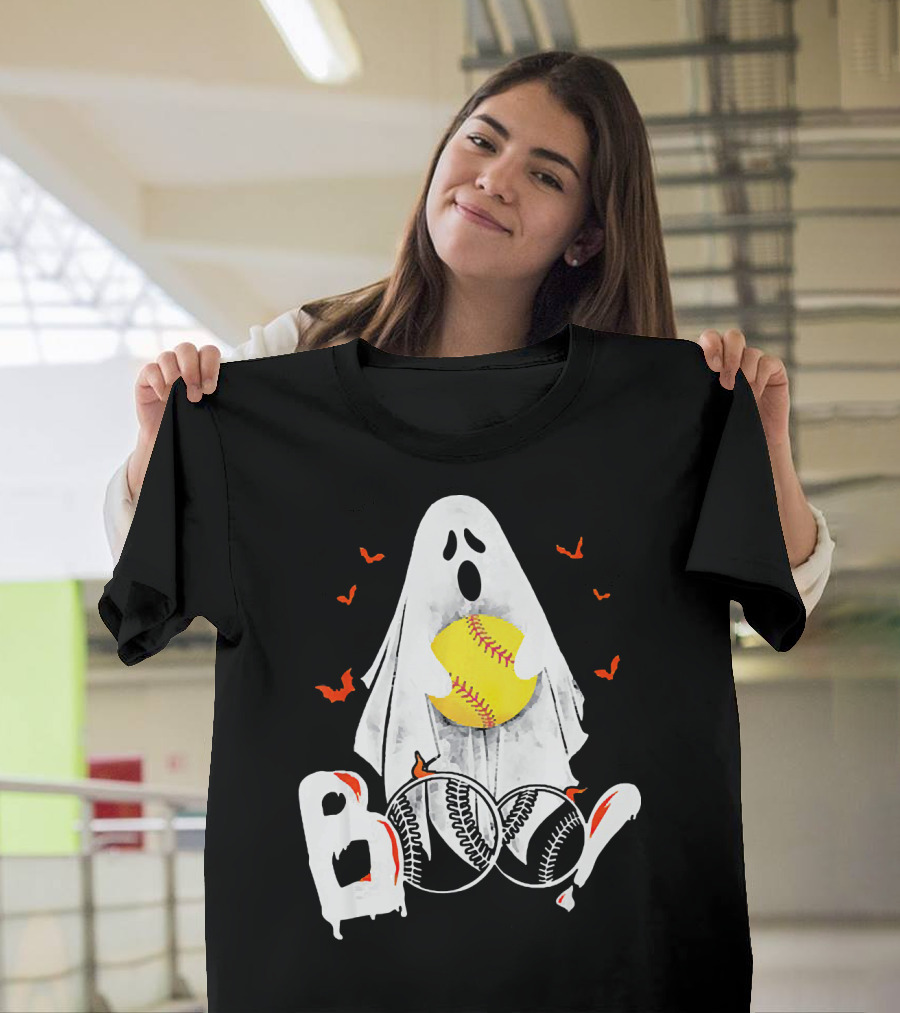 Ghostly Boo Softball With Yellow Softball And Bats T-Shirt