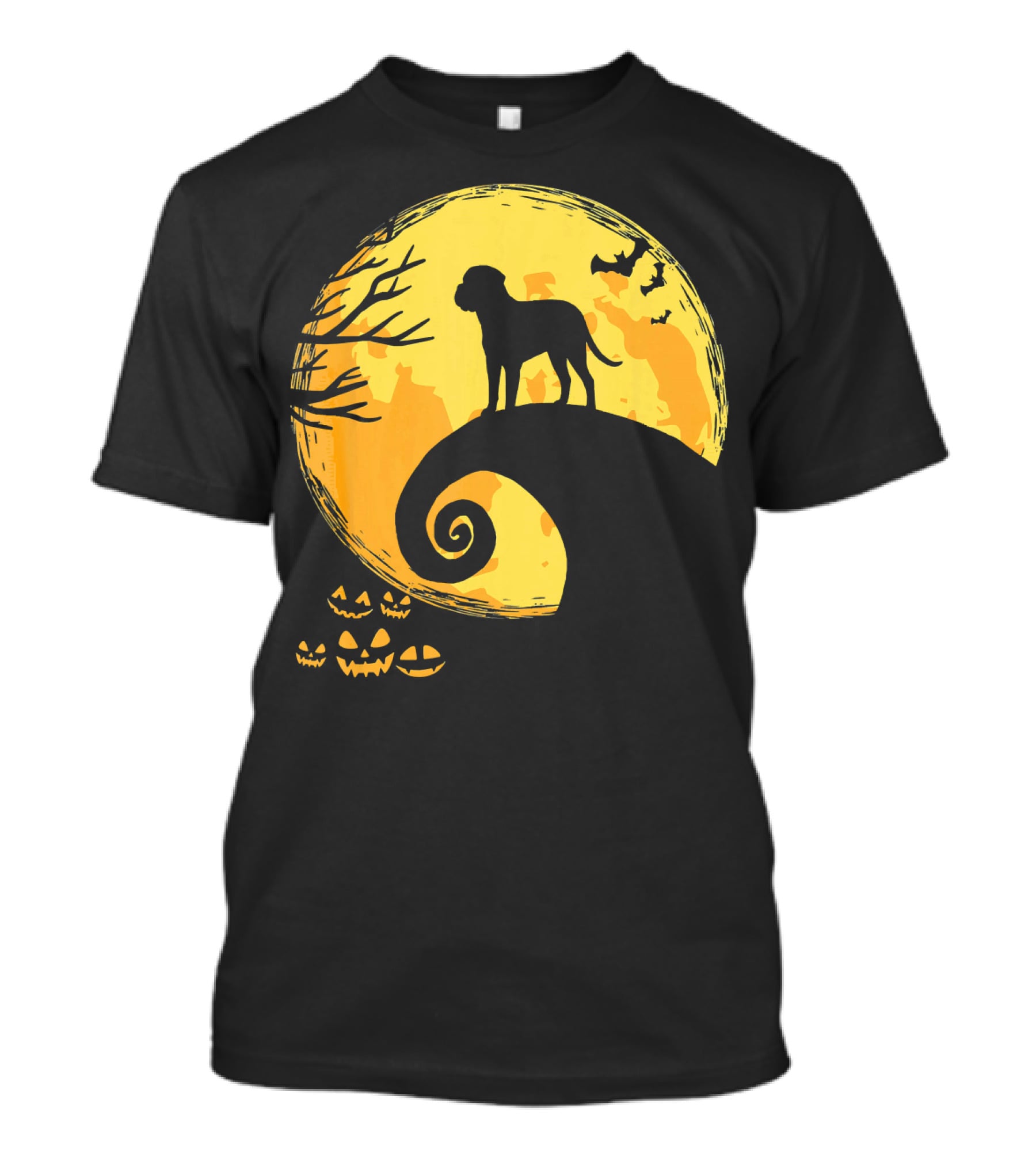 Bullmastiff Silhouette Moonlit Halloween Scene With Pumpkins And Bats T-Shirt