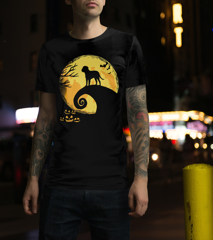 Bullmastiff Silhouette Moonlit Halloween Scene With Pumpkins And Bats T-Shirt