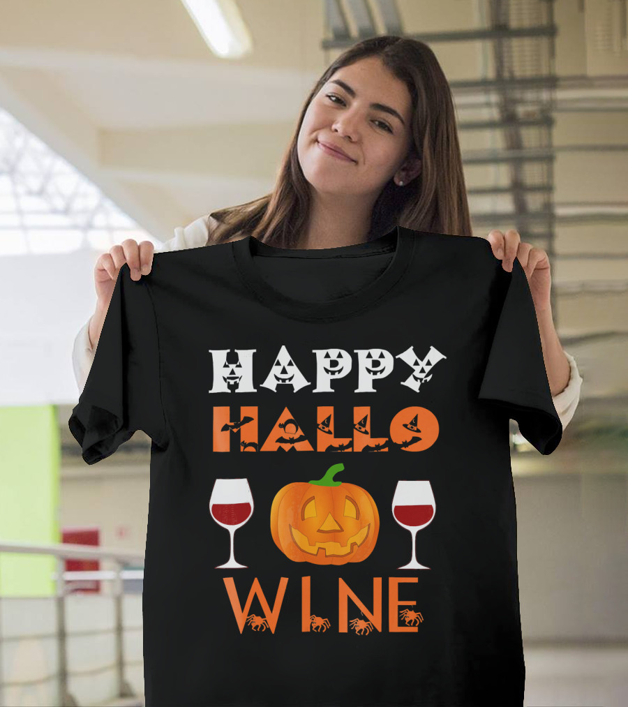 Happy Halloween Pumpkin Wine Glasses Spooky Bats and Spiders T-Shirt