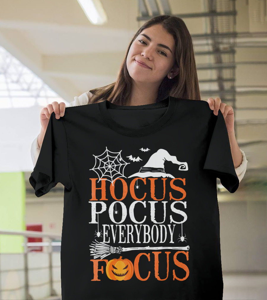 Hocus Pocus Everybody Focus Witch Hat Spider Web Broom Pumpkin T-Shirt