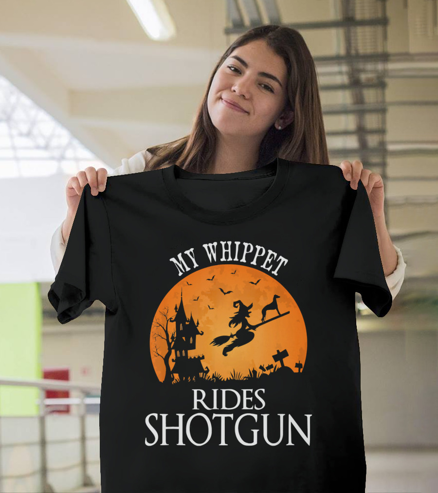 My Whippet Rides Shotgun Witch Broomstick Halloween Scene T-Shirt