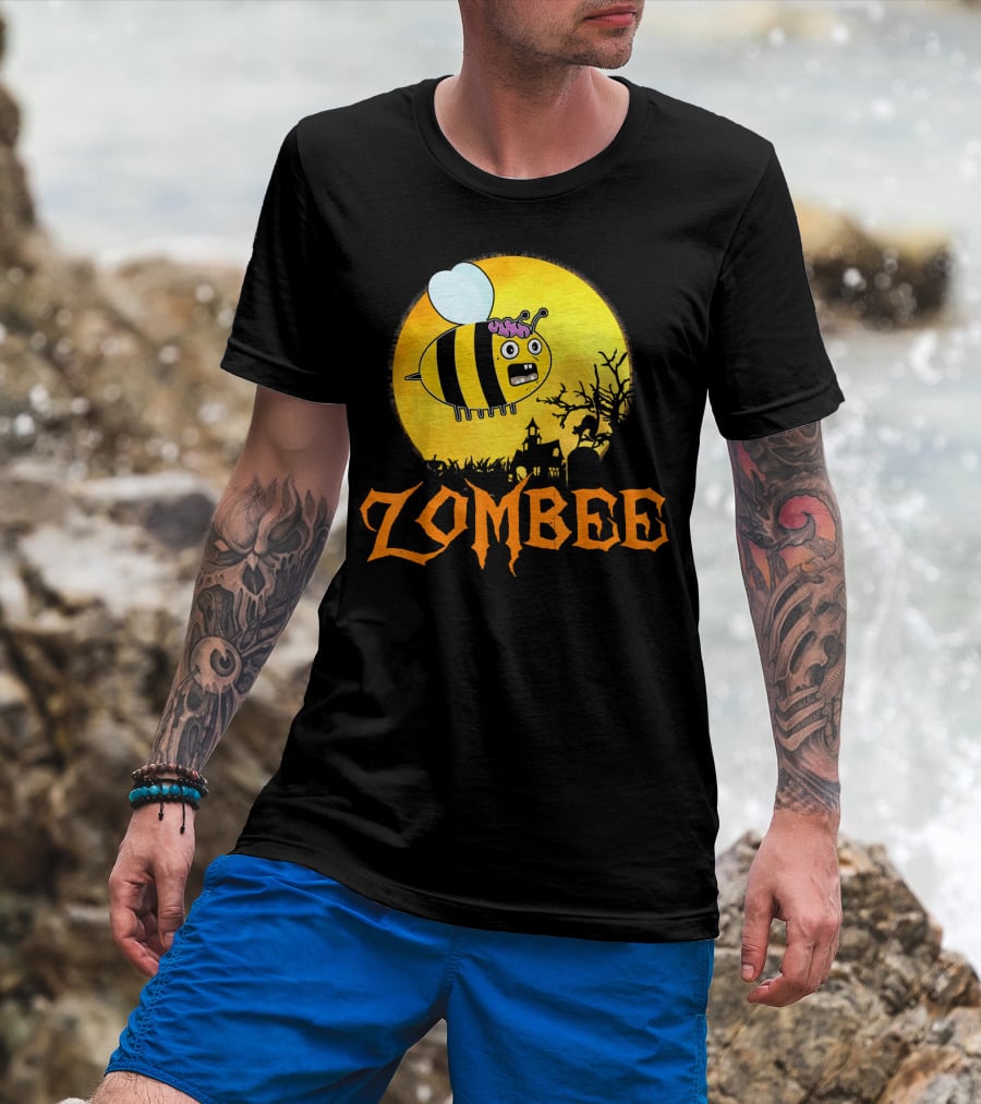Zombee Funny Zombie Bee Halloween Spooky Moon Scene T-Shirt