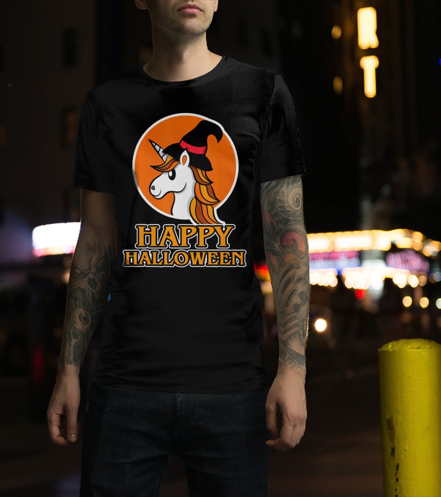Happy Halloween Unicorn With Witch Hat T-Shirt