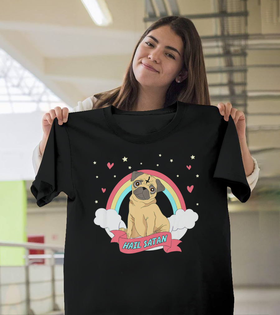 Hail Satan Pug Cute Halloween Rainbow Hearts Stars Clouds T-Shirt