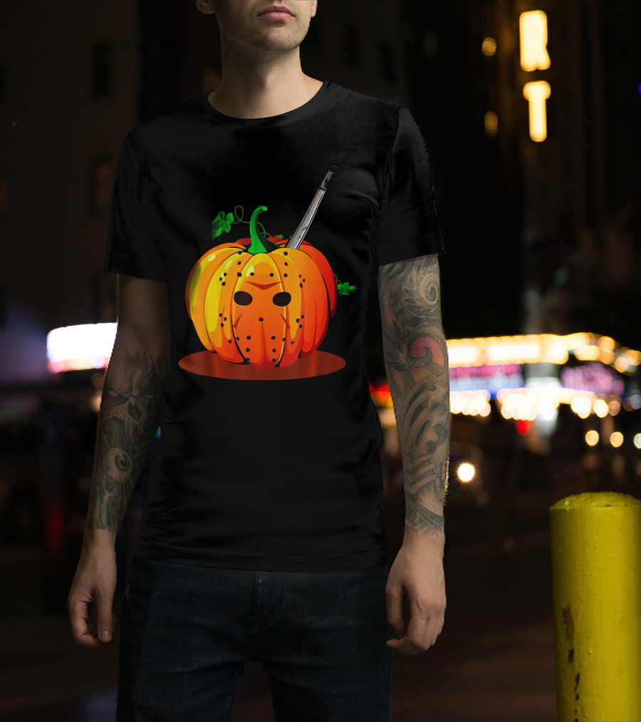 Horror Pumpkin Halloween Scary Face Knife T-Shirt