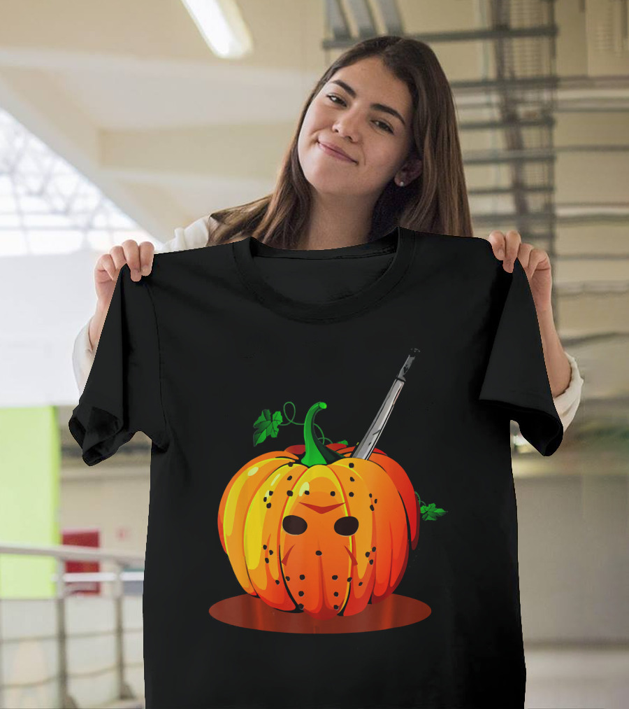 Horror Pumpkin Halloween Scary Face Knife T-Shirt