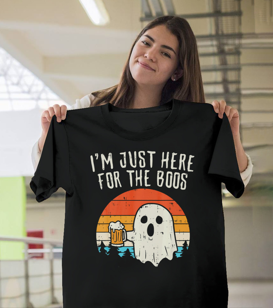 I'm Just Here For The Boos Retro Ghost With Beer Sunset T-Shirt