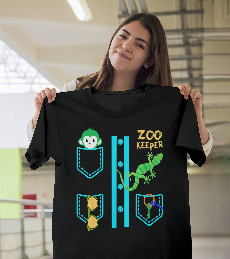 Zoo Keeper Costume Halloween Monkey Lizard Pockets Keys Glasses T-Shirt