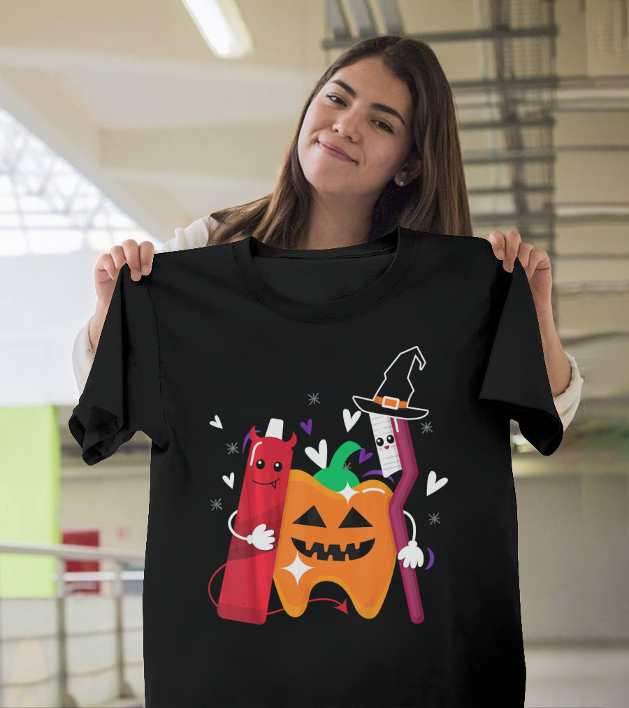 Happy Halloween Costume Toothbrush Tooth with Pumpkin and Toothpaste Characters T-Shirt