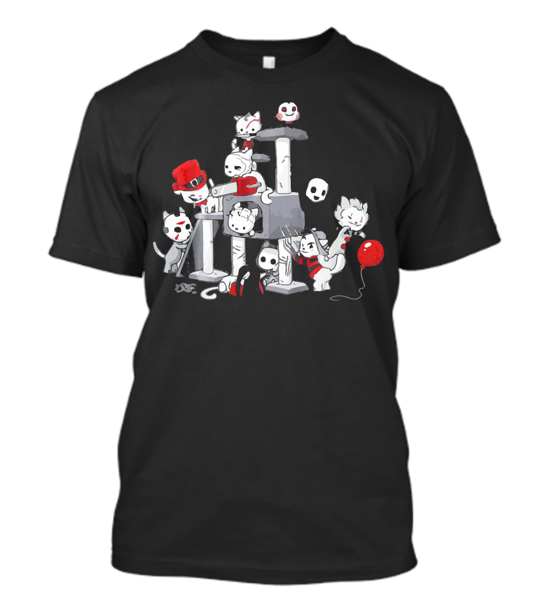I Love Cats Horror Kitties Climbing Tower With Skull Mask Red Balloon And Top Hat T-Shirt