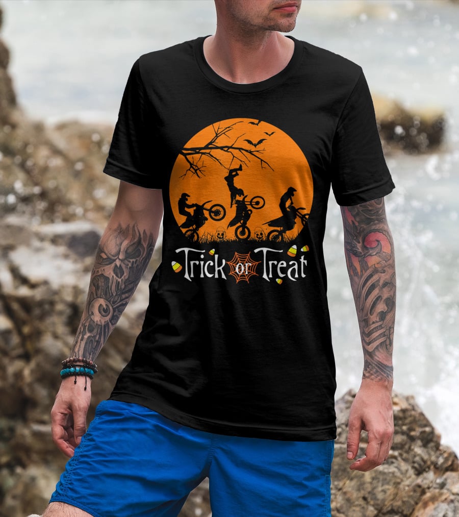 Motocross Halloween Trick Or Treat Moon Scene T-Shirt