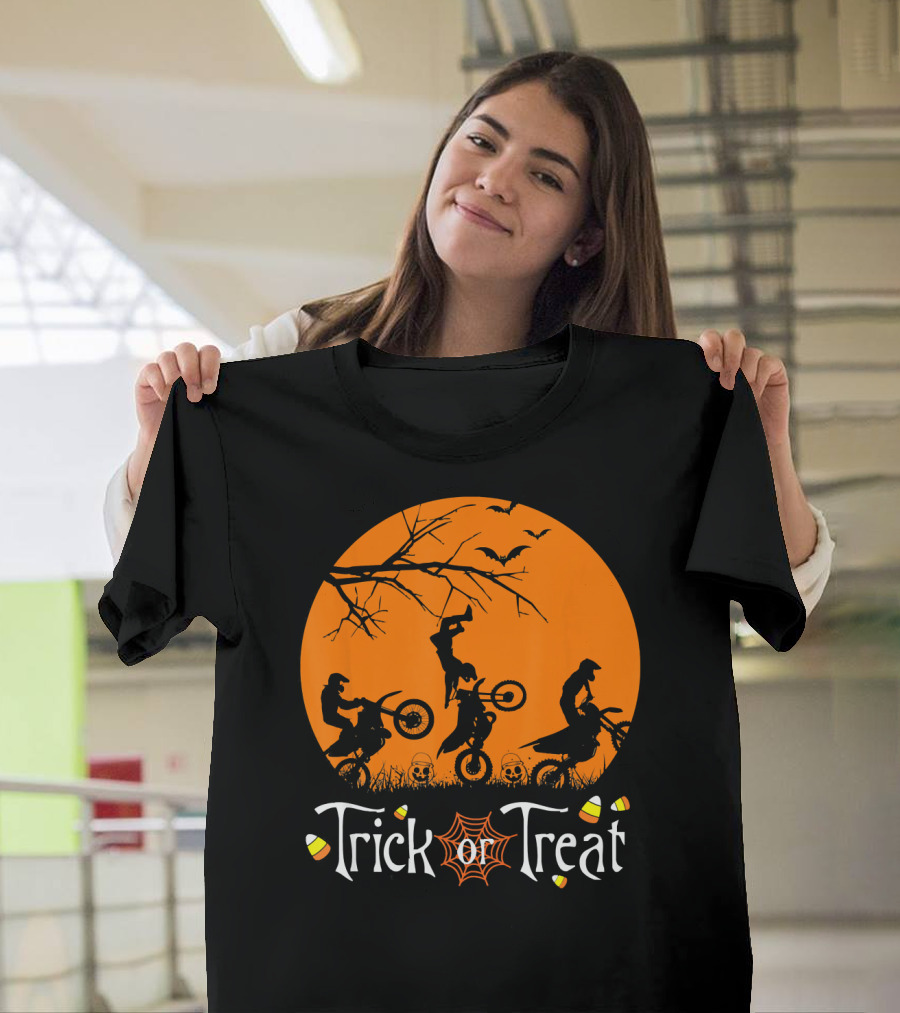 Motocross Halloween Trick or Treat Moon Scene T-Shirt