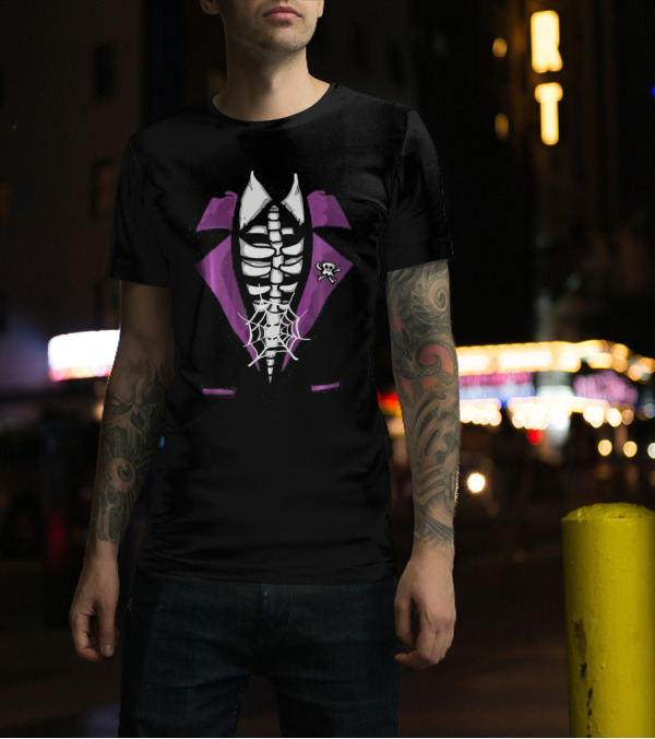 Halloween Skeleton Tuxedo Scary Rib Cage With Spider Web And Skull Brooch T-Shirt