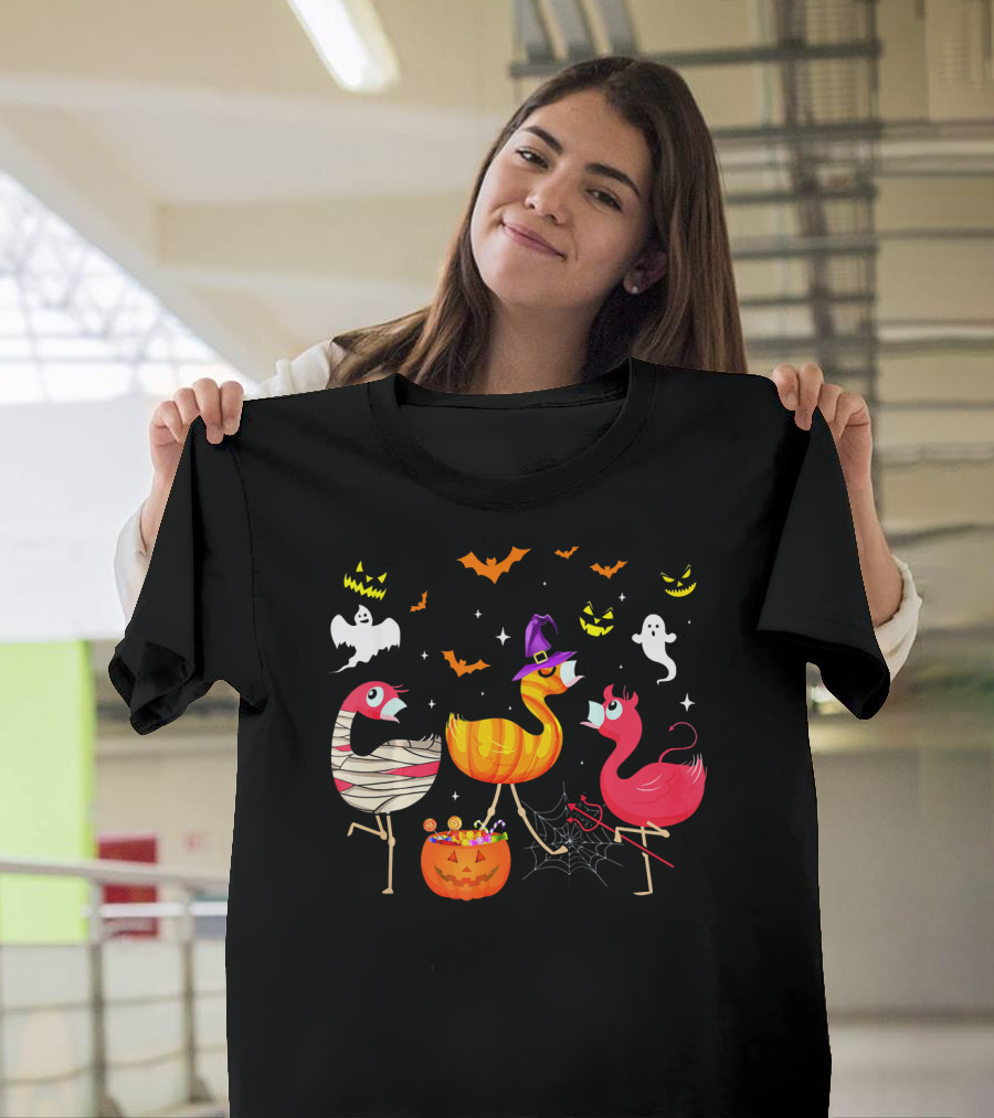 Flamingo Happy Halloween Ghosts And Pumpkins T-Shirt