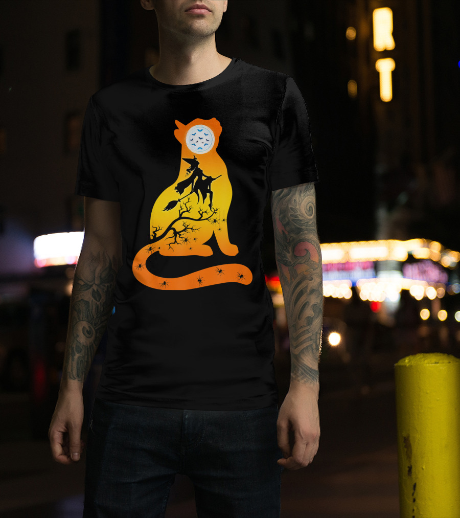 Funny Cat Witch Flying Under Bat Moon With Spooky Webs T-Shirt
