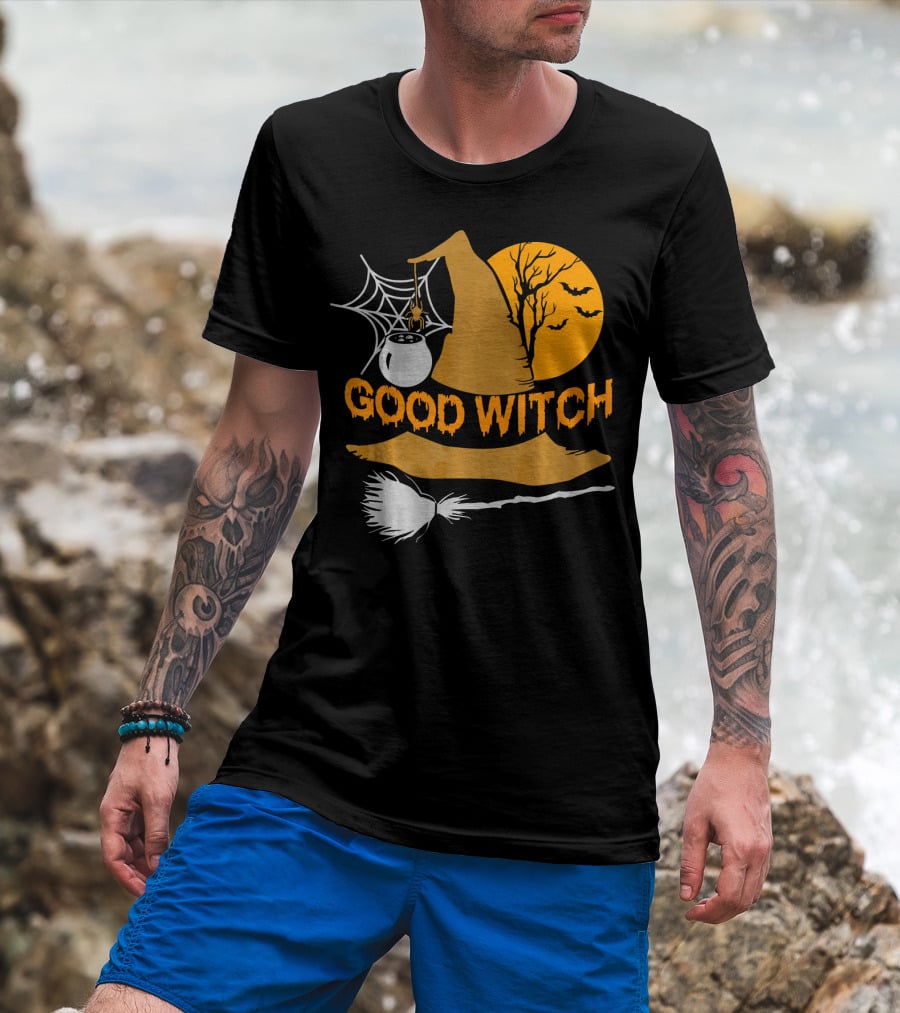 Good Witch Halloween Hat Broomstick Cauldron Bats Moon T-Shirt