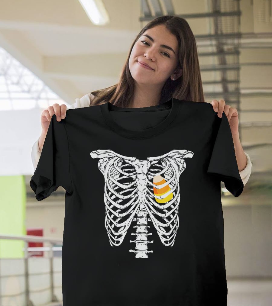 Candy Corn Inside Skeleton Ribs Halloween Humor T-Shirt