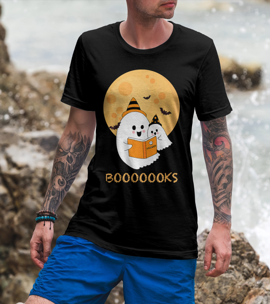 Halloween Ghosts Reading Boooooks Under Full Moon T-Shirt