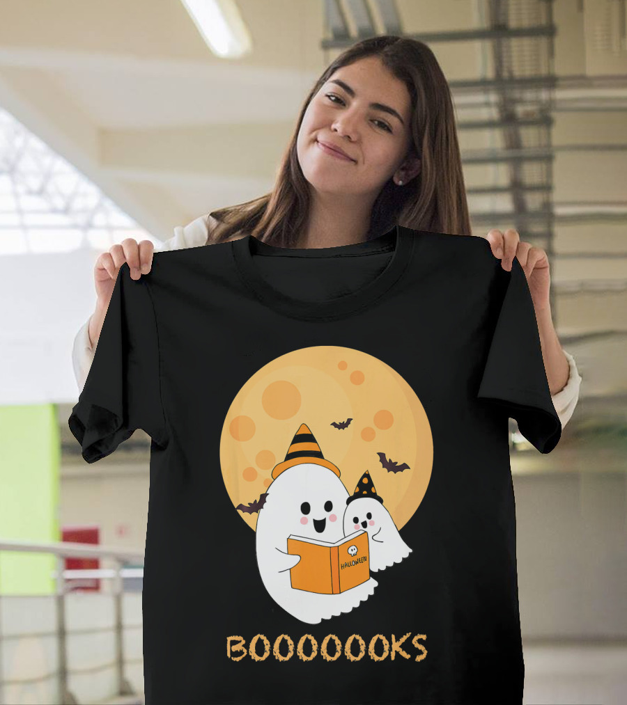 Halloween Ghosts Reading Boooooks Under Full Moon T-Shirt