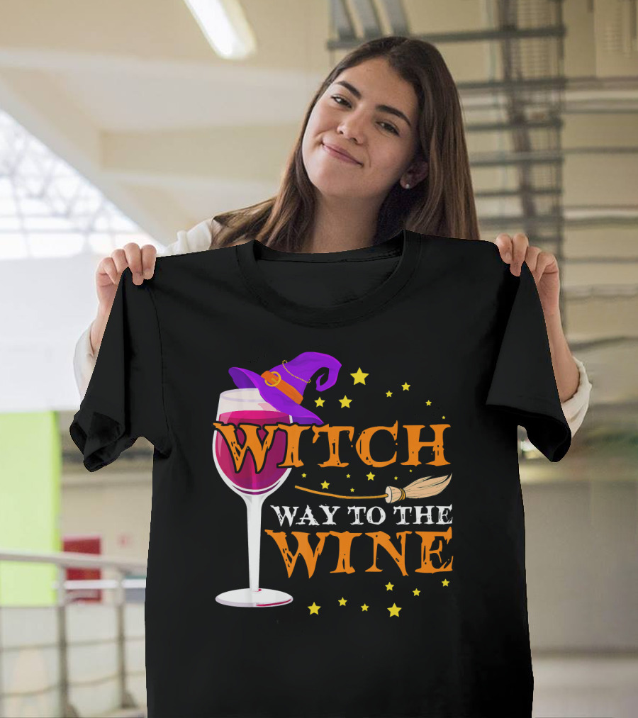 Witch Way To The Wine Halloween Wizard Hat Broomstick Stars T-Shirt