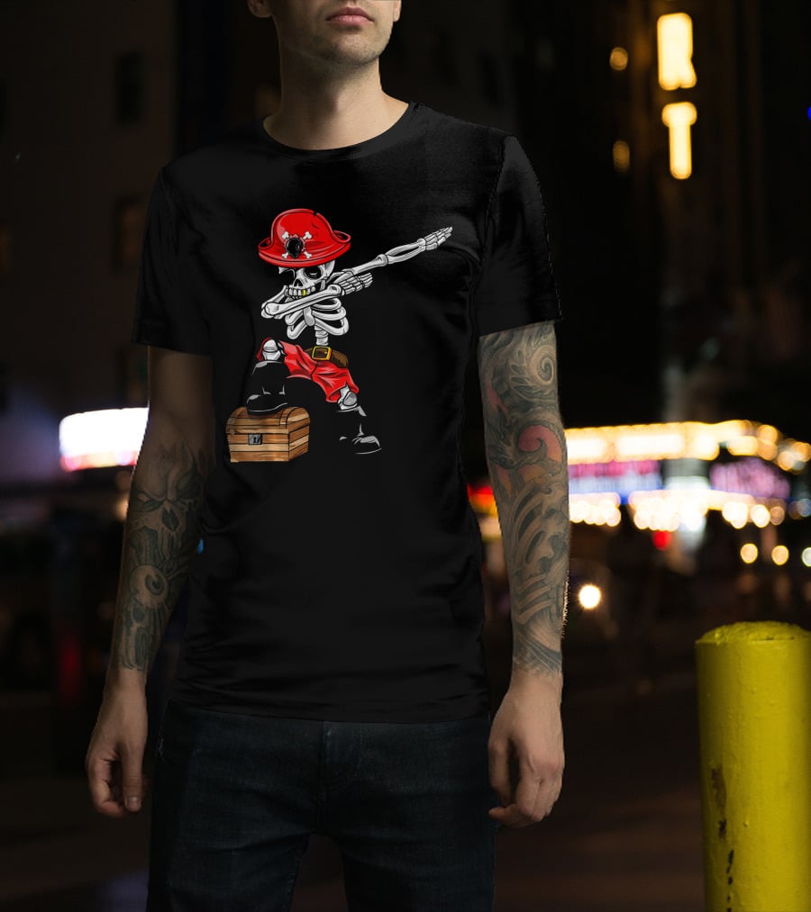Dabbing Skeleton Pirate With Red Hat And Treasure Chest T-Shirt