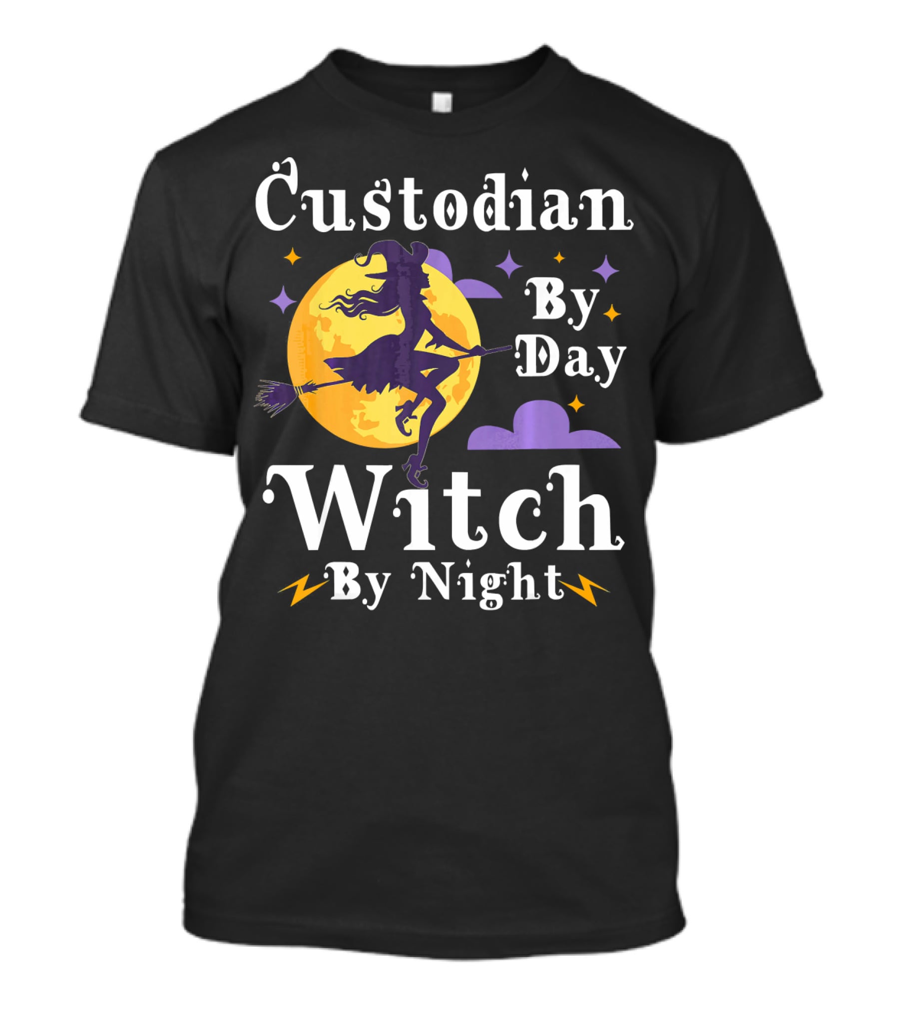 Custodian By Day Witch By Night Flying Broomstick Moon And Stars T-Shirt