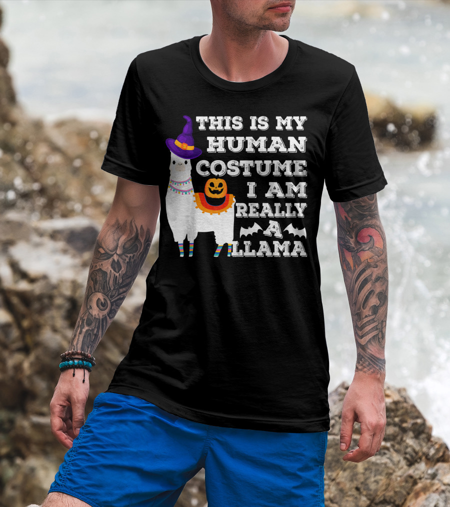 This Is My Human Costume I Am Really A Llama Halloween Witch Hat Pumpkin Bat T-Shirt