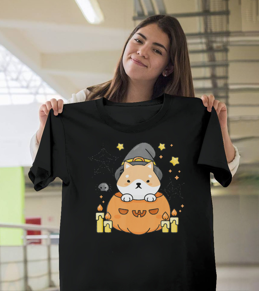 Kawaii Shiba Inu Dog In Witch Hat With Pumpkin And Candles Japanese T-Shirt