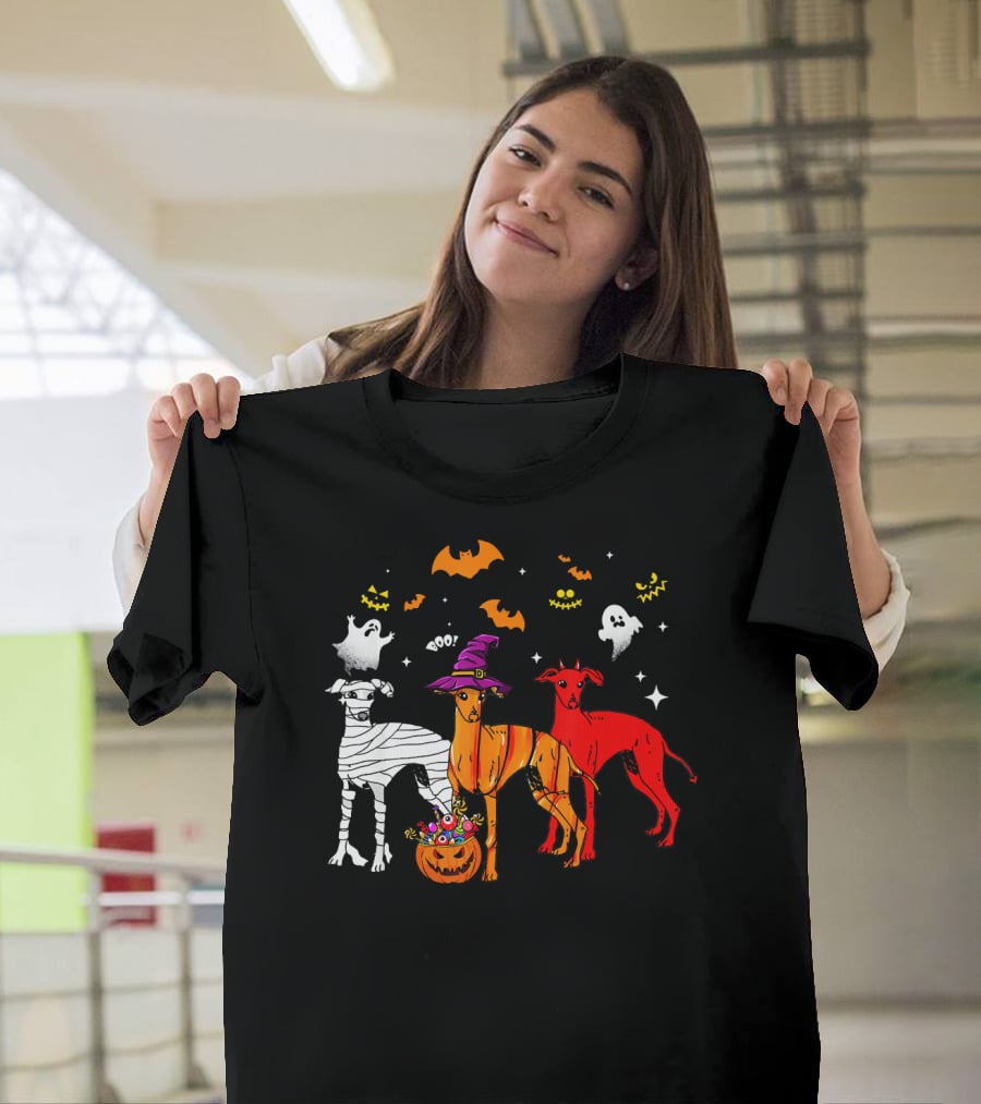 Halloween Italian Greyhound Dogs In Witch, Mummy, And Pumpkin Costumes With Ghosts And Bats T-Shirt