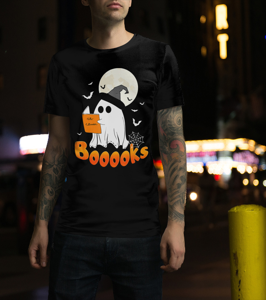 Boooks Ghost Reading Halloween Bats Moon Hat T-Shirt