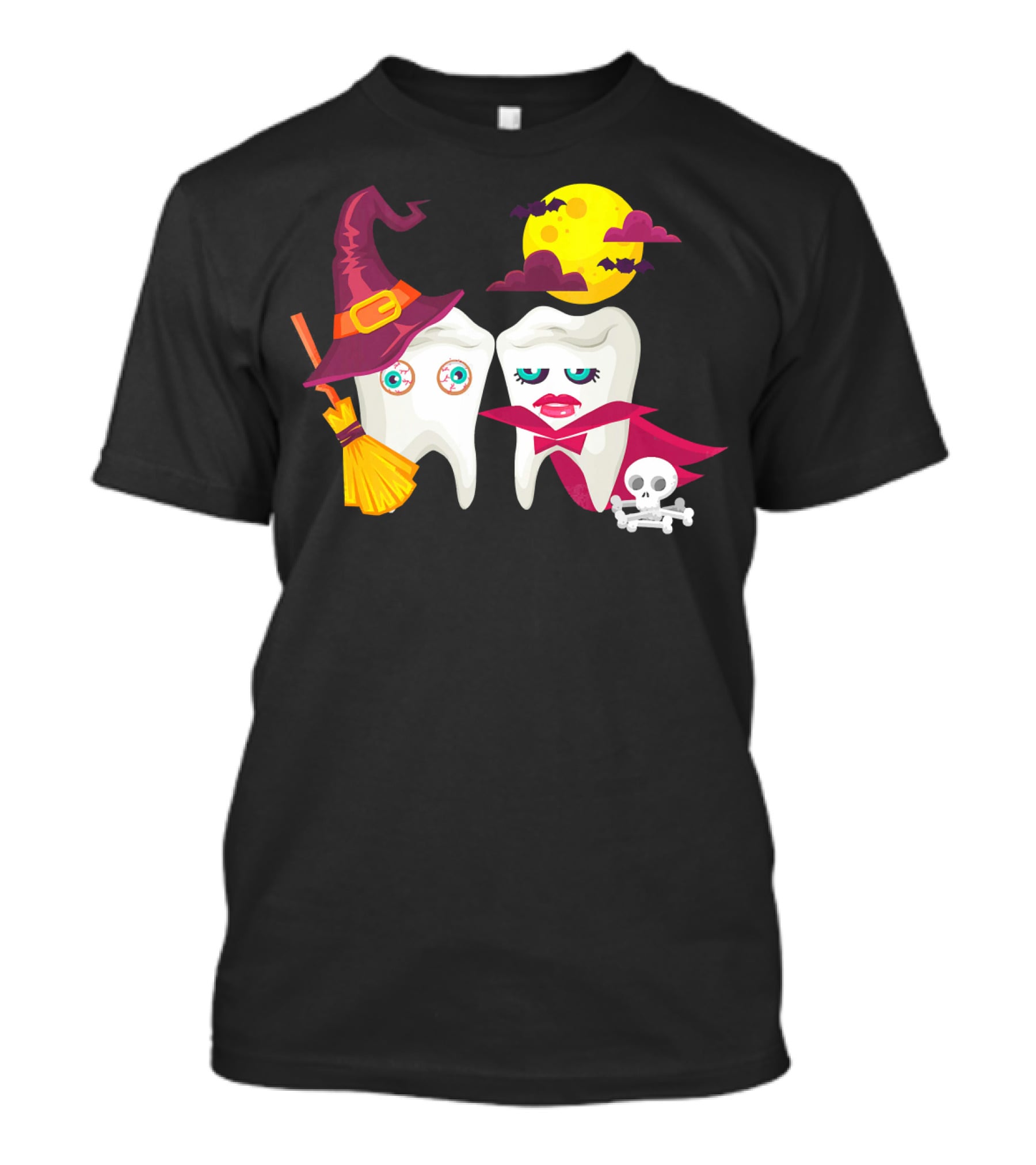 Witch Hat Broom Vampire Teeth Halloween Moon Bats T-Shirt