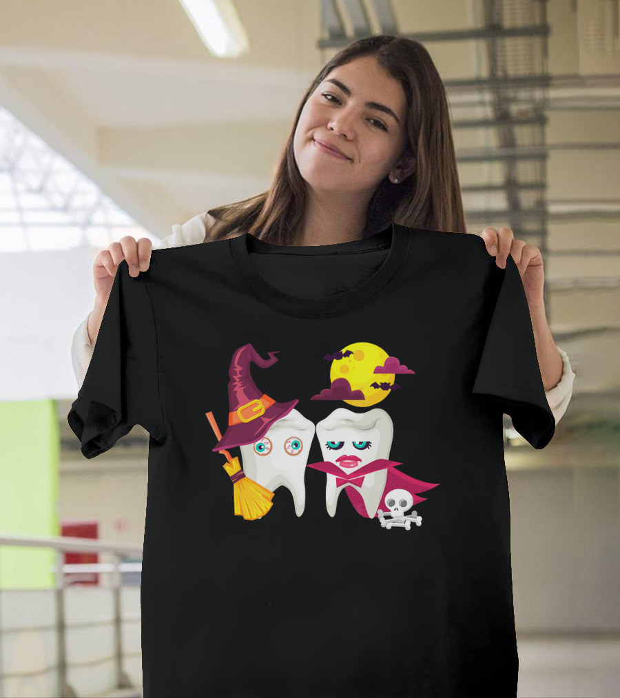 Witch Hat Broom Vampire Teeth Halloween Moon Bats T-Shirt