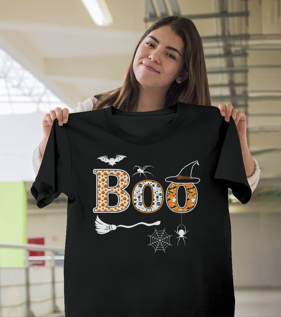 Halloween Boo Pumpkin with Witch Hat and Spider Web T-Shirt
