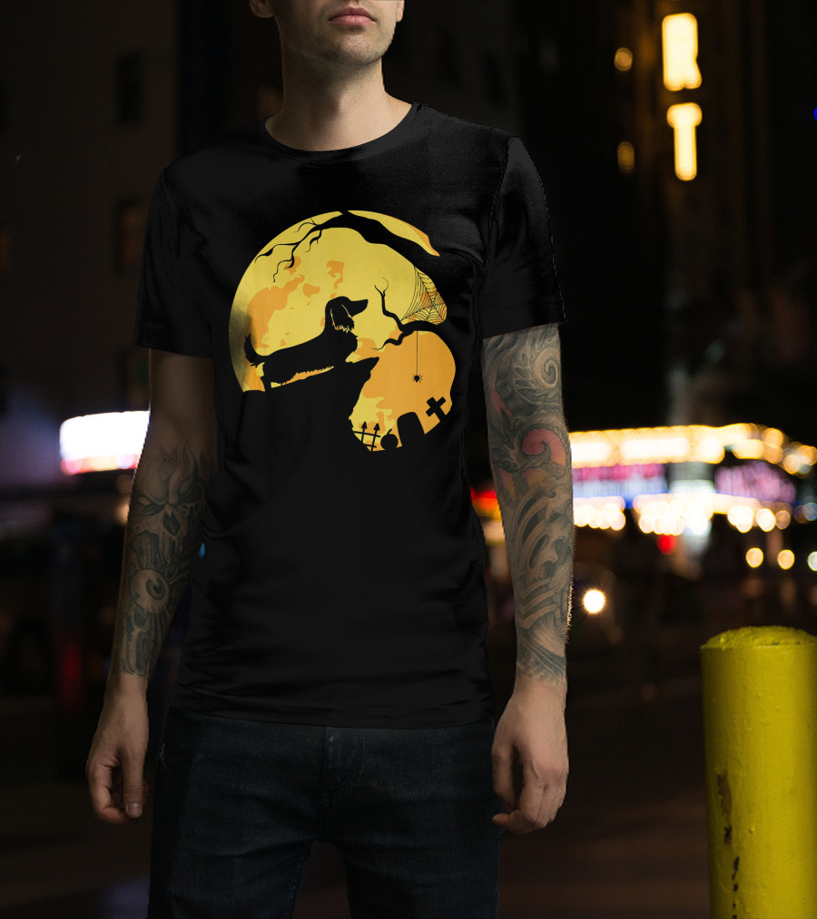Dachshund Silhouette On Cliff With Full Moon And Halloween Graveyard Scene T-Shirt