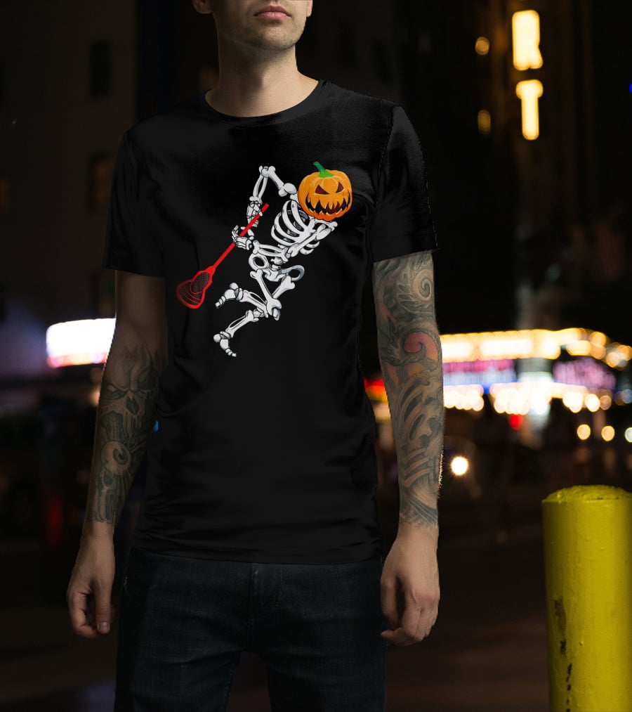 Skeleton Pumpkin Lacrosse Halloween T-Shirt