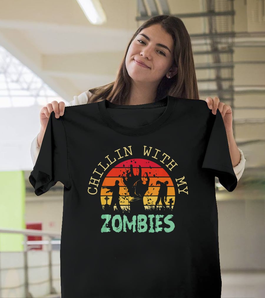 CHILLIN WITH MY ZOMBIES Halloween Zombie Sunset Scene T-Shirt