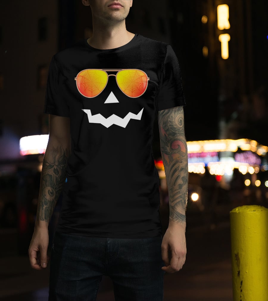 Halloween Jack O Lantern With Sunglasses And Spider Web Reflection T-Shirt