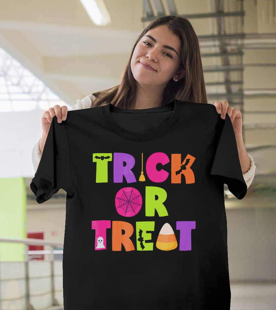 Trick Or Treat Bat Broom Spiderweb Ghost Candy Corn Halloween T-Shirt