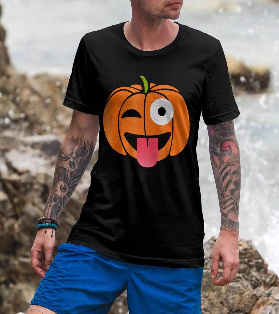 Winking Tongue Out Smiling Pumpkin Face T-Shirt