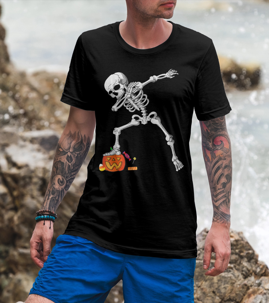 Halloween Skeleton Dabbing On Pumpkin With Candy T-Shirt