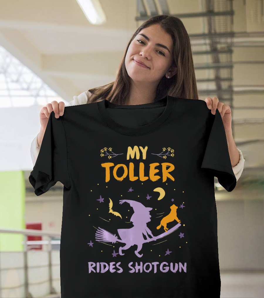 My Toller Rides Shotgun Halloween Witch And Dog Moon Stars T-Shirt