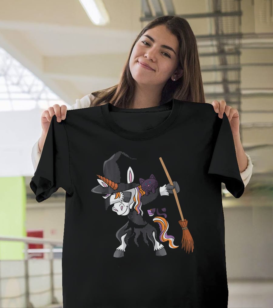 Dabbing Halloween Witch Unicorn With Cat And Broom T-Shirt