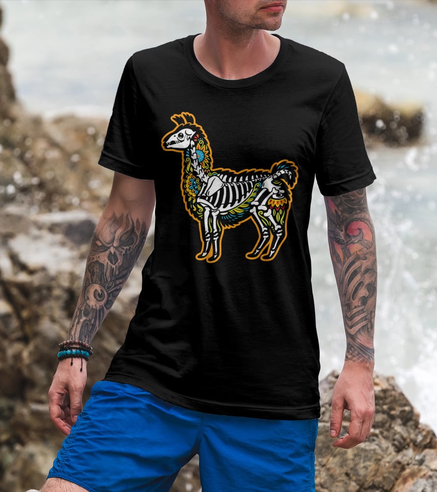 Colorful Dia De Los Muertos Llama Skeleton T-Shirt