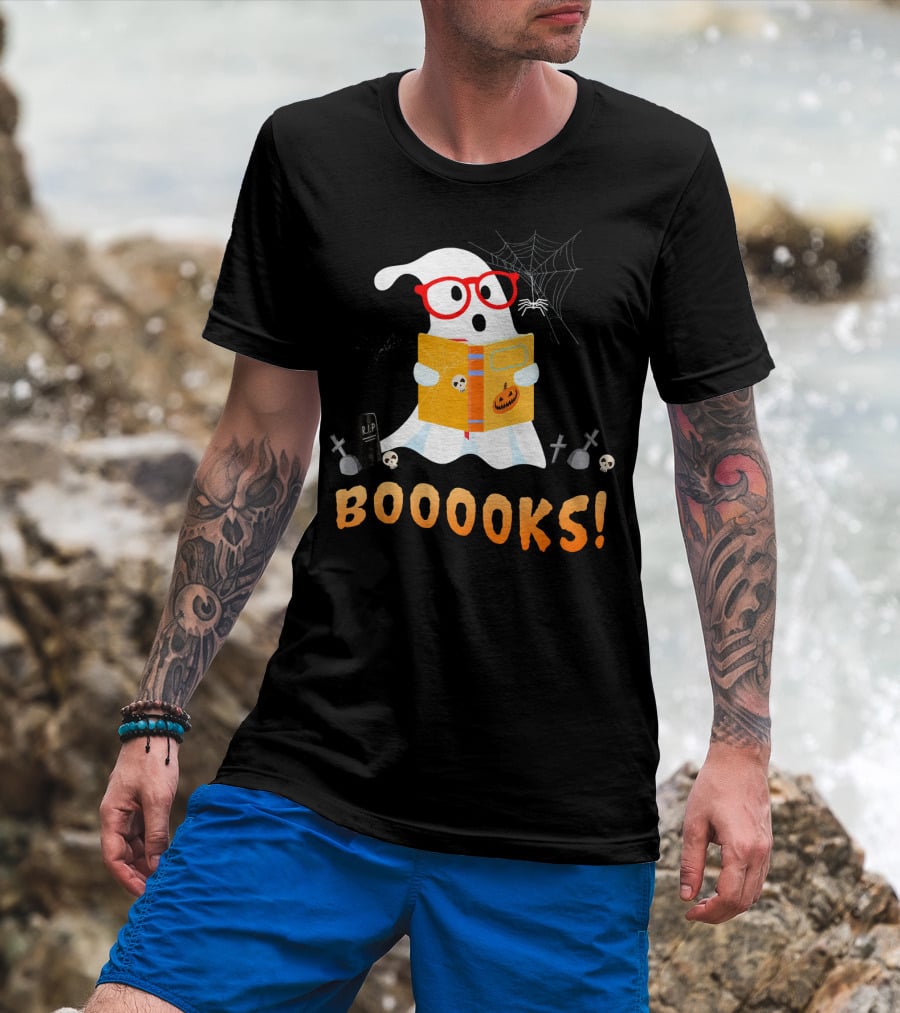 BOOOOKS Funny Teacher Halloween Ghost Reads With Spider Webs T-Shirt