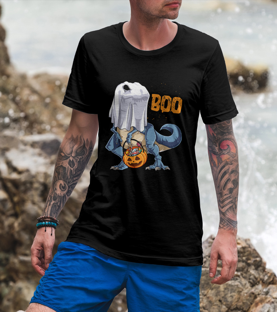 Ghost Dinosaur Rex Boo Halloween Candy Pumpkin T-Shirt